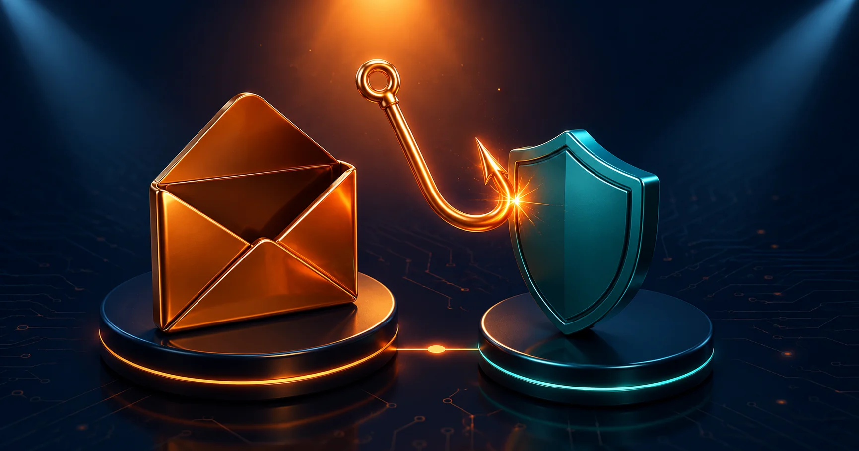 Enveloppe stylisée avec un hameçon intercepté par un bouclier, symbole de vigilance face au phishing.