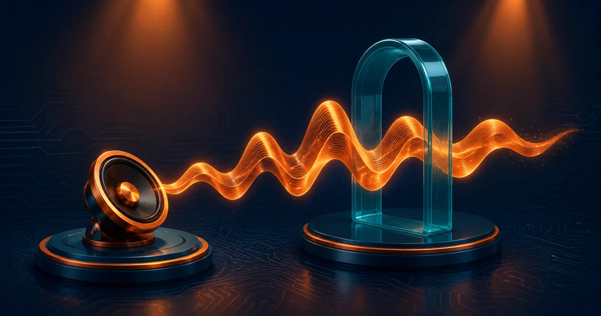 Onde vocale lumineuse traversant une arche translucide, illustrant l'encadrement de l'IA vocale par l'AI Act européen