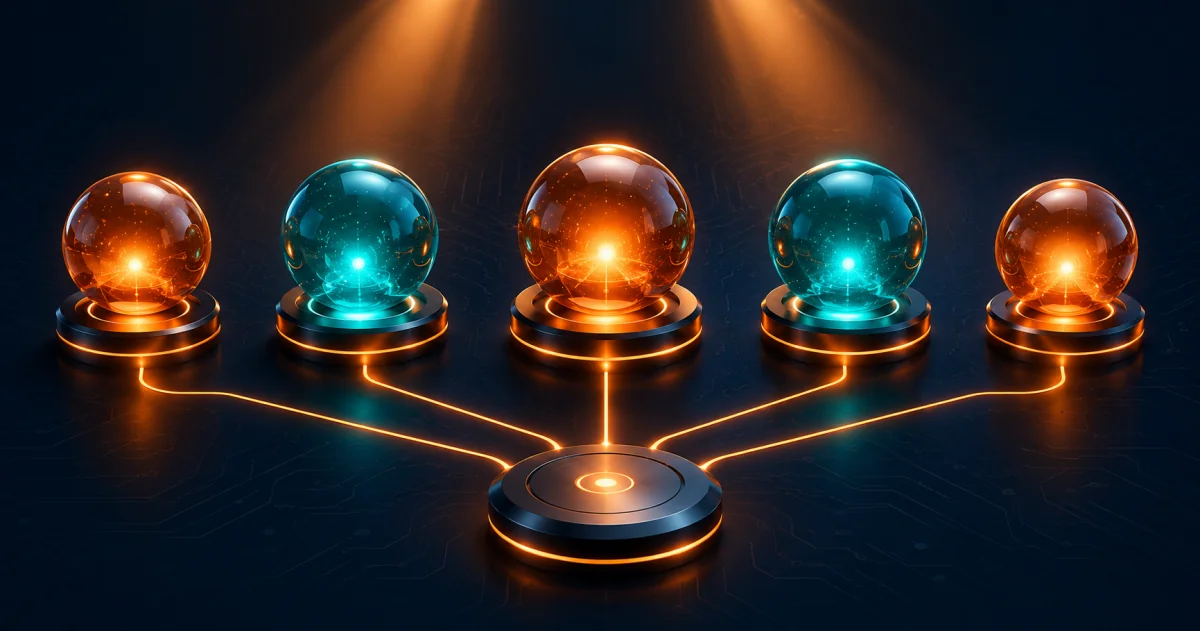Cinq sphères lumineuses d'intensités différentes reliées à un socle commun, illustrant cinq outils IA utilisés en atelier de médiation numérique