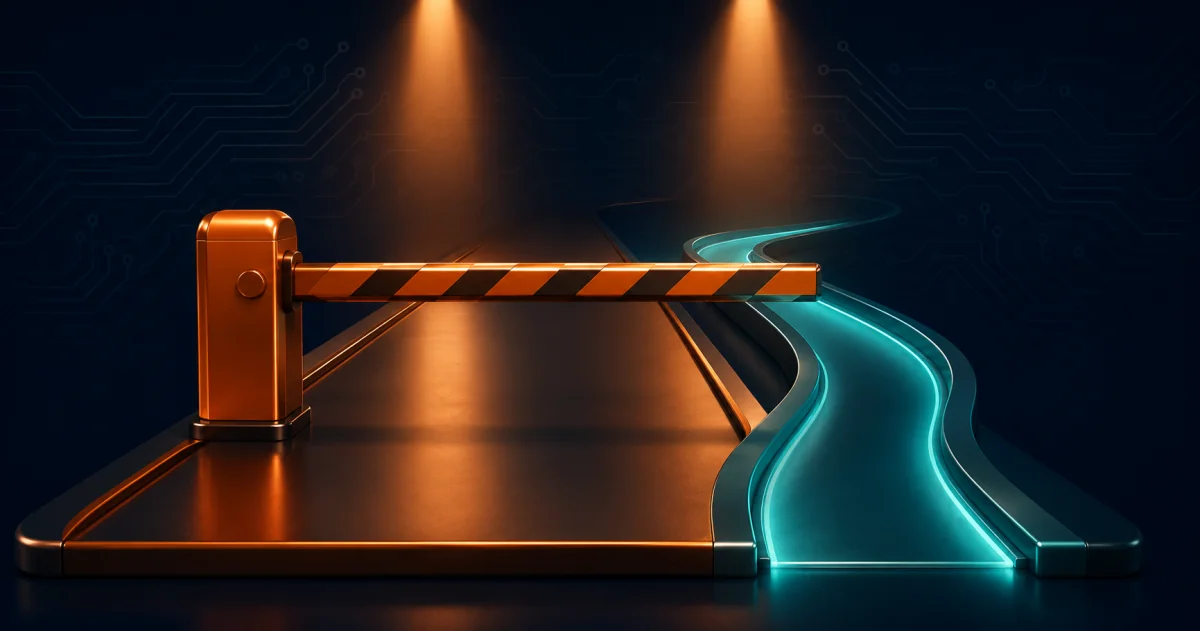 Barrière fermée contournée par un chemin lumineux adjacent, illustrant le contournement prévisible de l'interdiction des réseaux sociaux aux mineurs