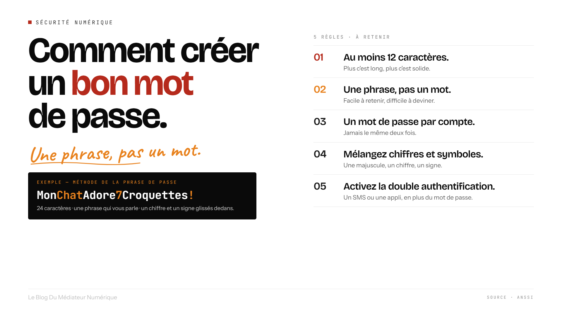 Mémo visuel : 5 règles ANSSI pour créer un mot de passe solide, format TV 16:9