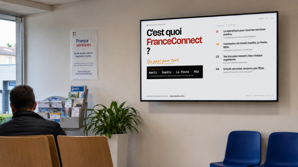 Un mémo numérique affiché sur l'écran TV d'une salle d'attente, pendant qu'un usager patiente